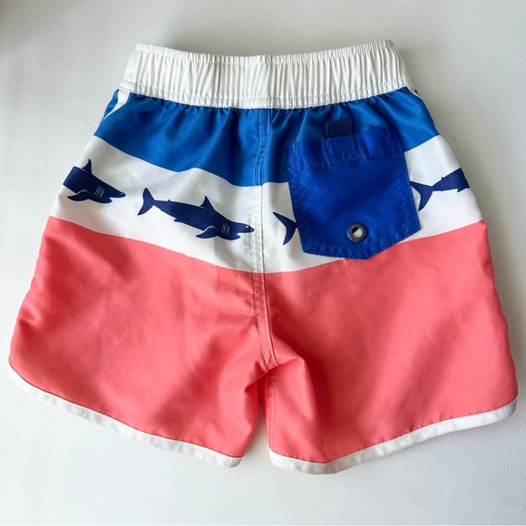 Mini Boden Red, White and Blue Shark Print Swim Shorts - Picture 7 of 7